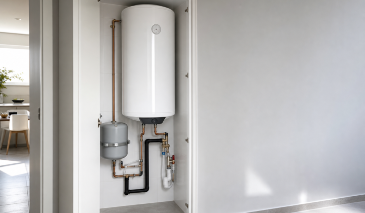 Armario técnico con termo eléctrico y tuberías de cobre aisladas en vivienda moderna, iluminación natural.