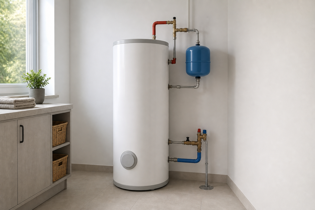 Acumulador de agua caliente sanitaria con tuberías aisladas, válvula mezcladora y vaso de expansión en un lavadero moderno.
