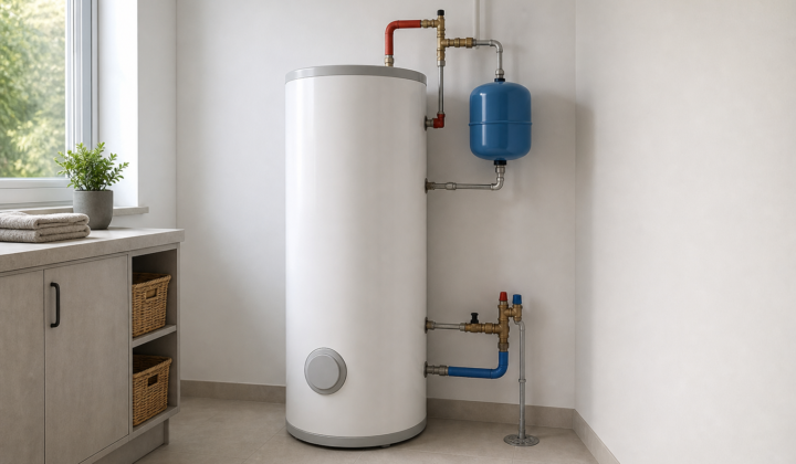 Acumulador de agua caliente sanitaria con tuberías aisladas, válvula mezcladora y vaso de expansión en un lavadero moderno.